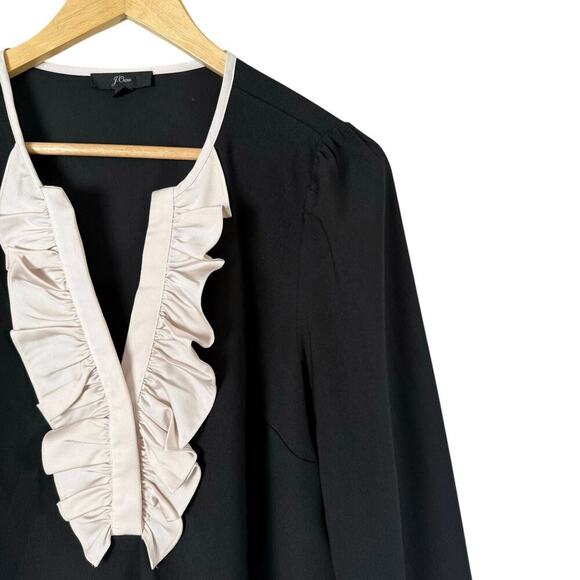 J.Crew Long-Sleeve Ruffle-Front Top‎ in Satin Crepe in Black and Cream, Medium - Picture 4 of 9